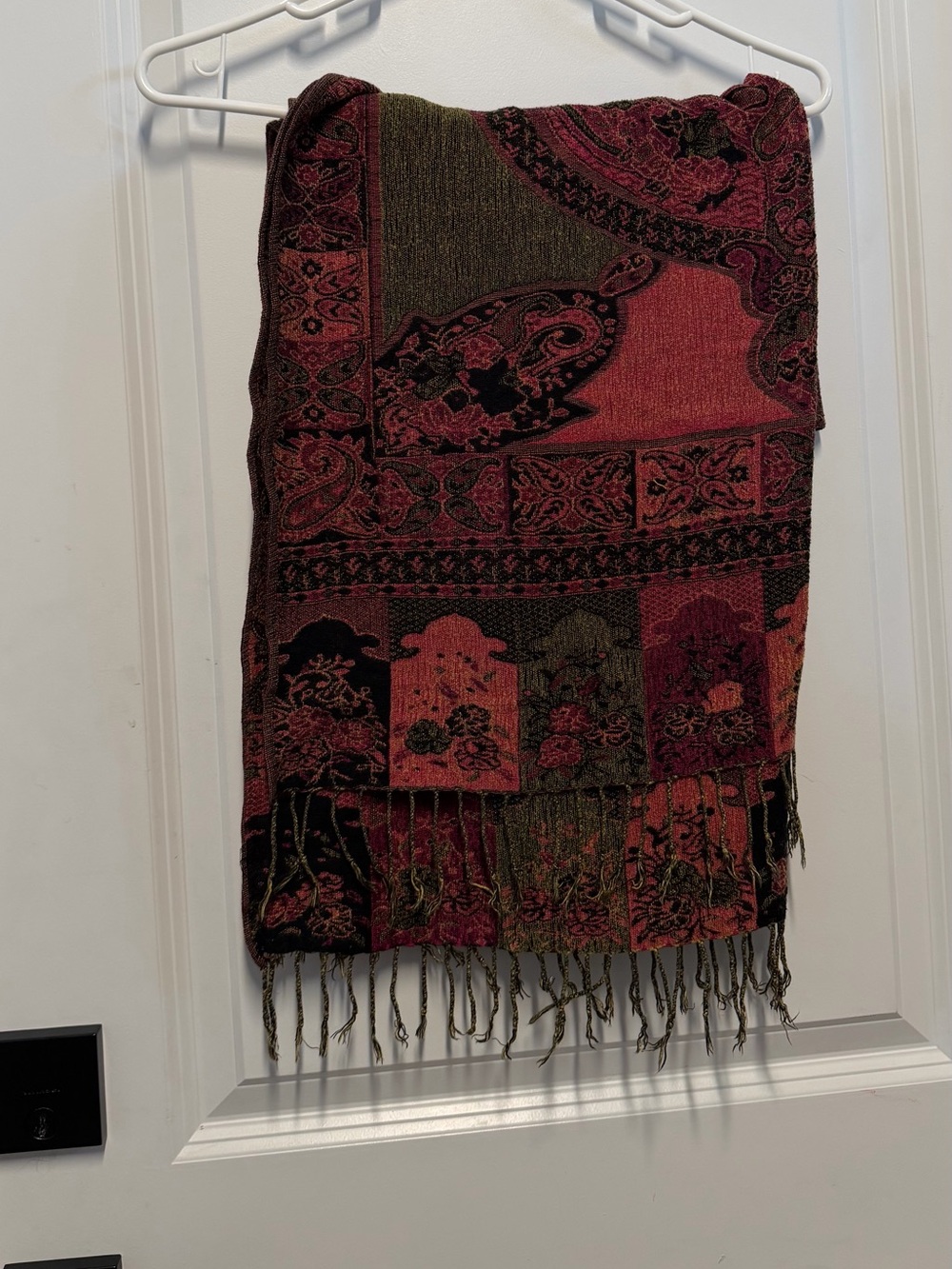 Vintage Boho Paisley Fringe Scarf Shawl Wrap Pink Olive Green